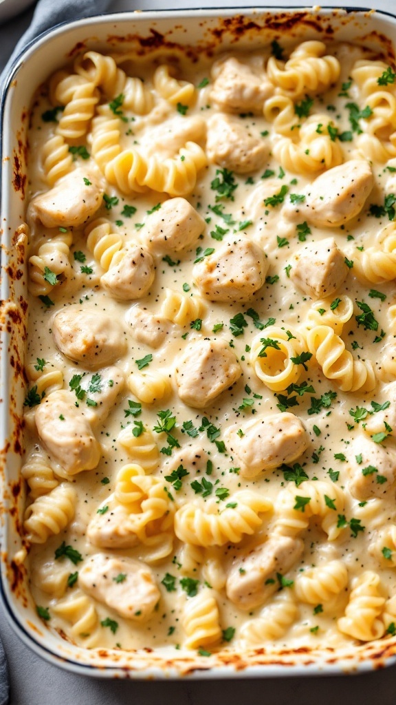 A creamy chicken alfredo baked casserole with pasta and garnished with parsley.