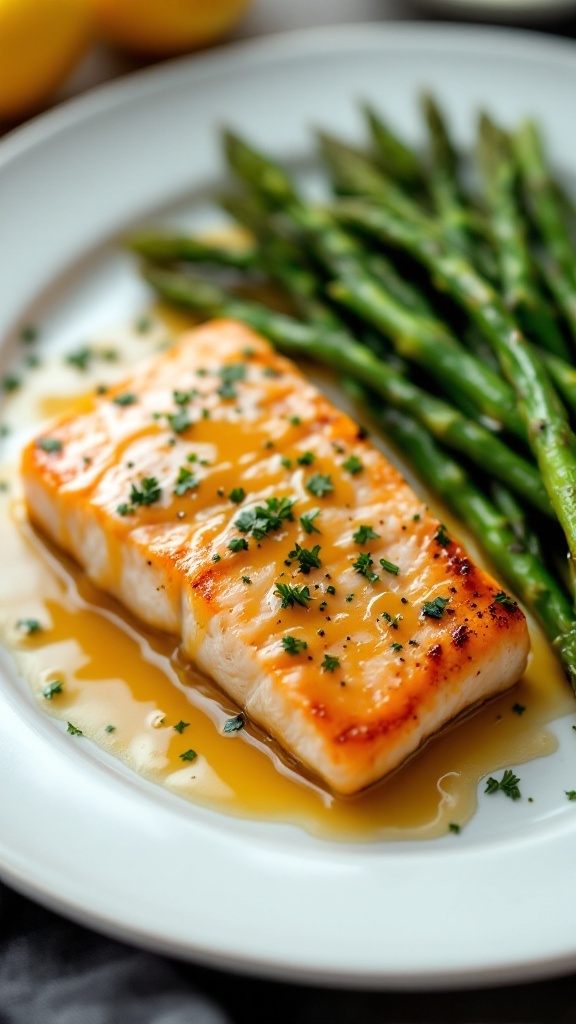 Delicious lemon butter garlic salmon served with green asparagus