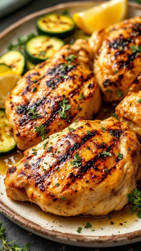 Grilled chicken thighs with herbs and lemon, served with grilled zucchini and lemon wedges.