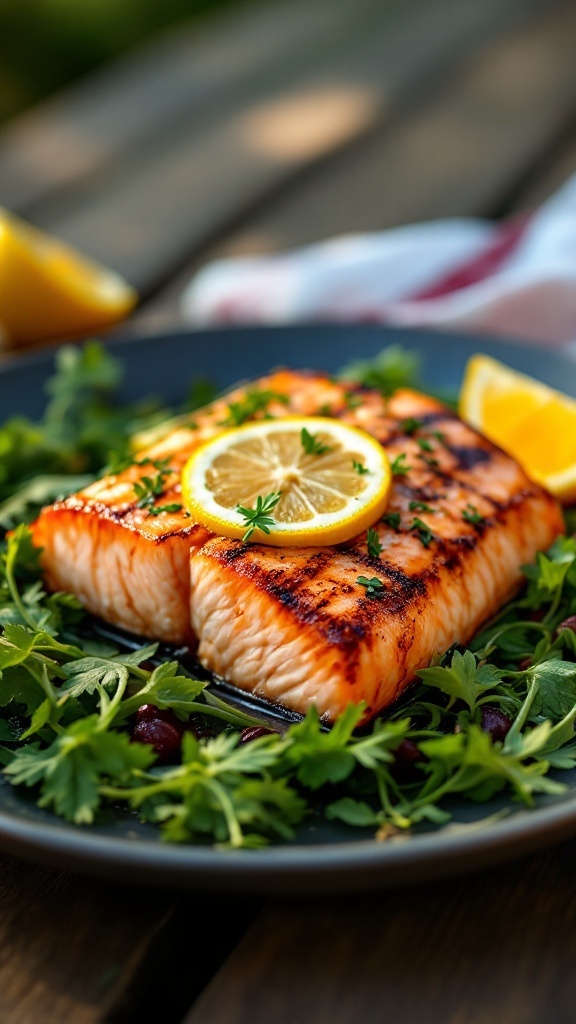Grilled salmon fillet garnished with lemon slices and herbs on a plate.