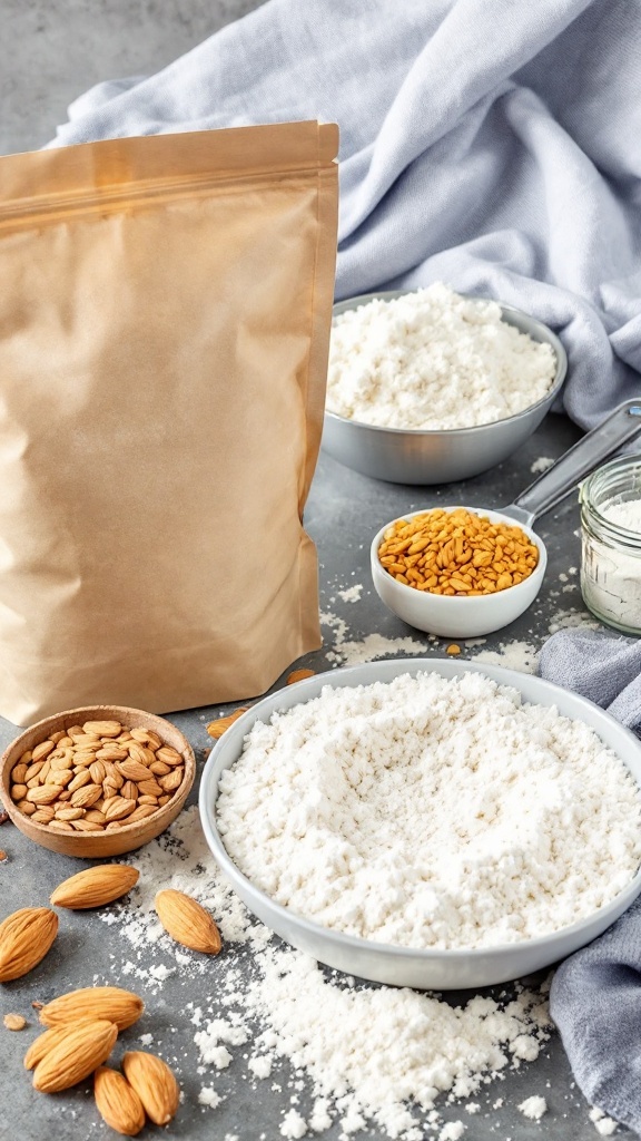 Variety of low-carb flours for baking, including almond flour and flaxseed meal