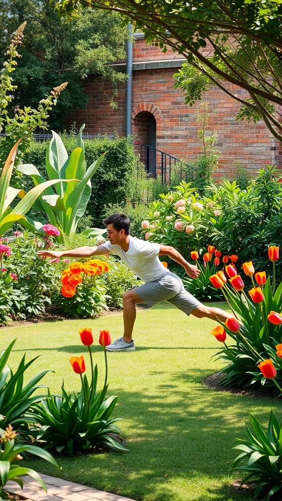 A person performing a lunge exercise in a garden filled with colorful flowers.
