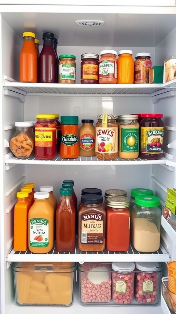 A well-organized refrigerator with various condiments and sauces neatly arranged.