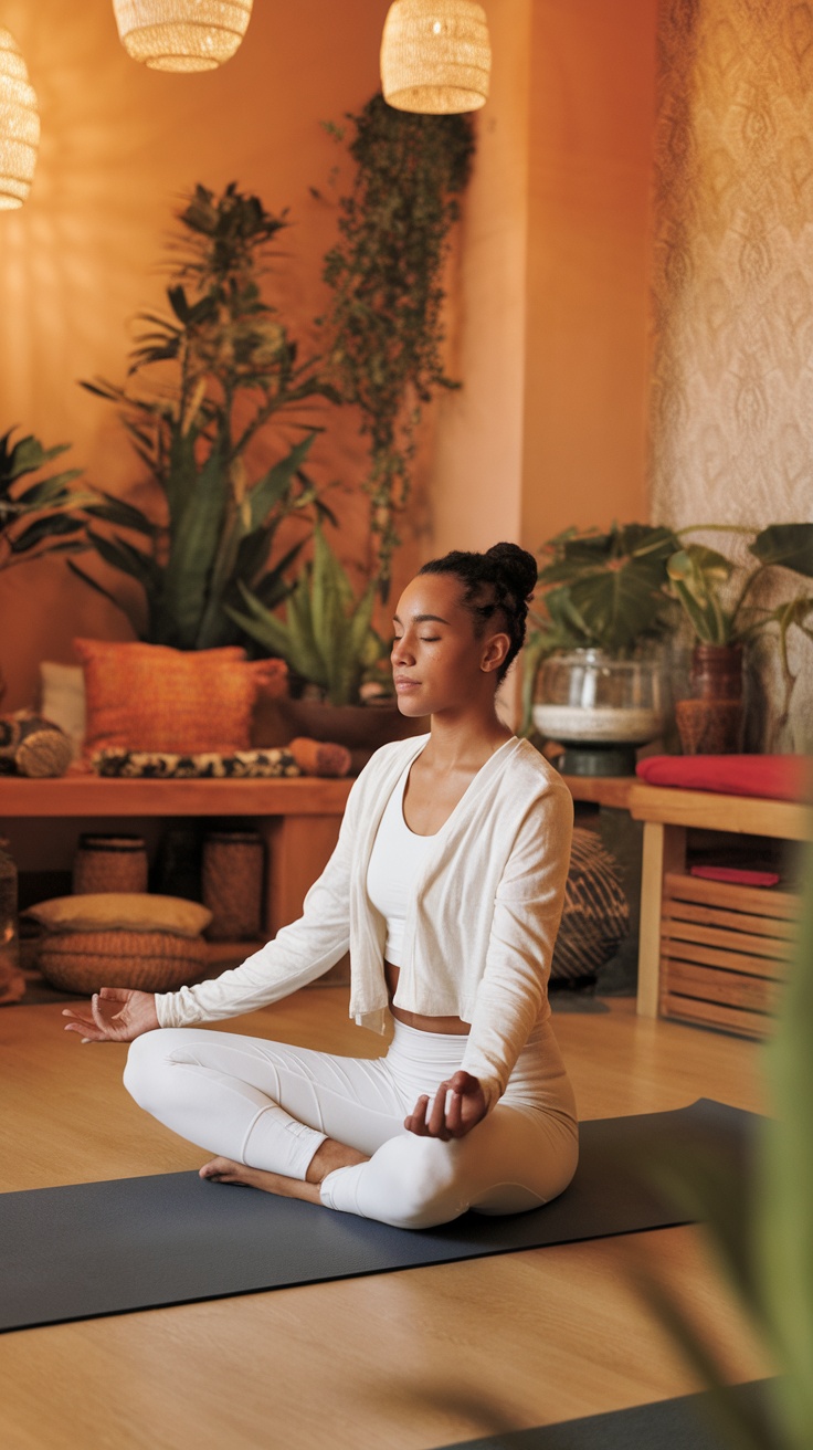 A person practicing yoga in a warm, serene environment, promoting mental clarity and focus.