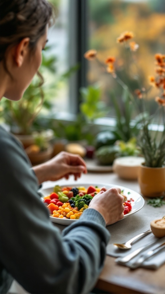 A person enjoying a colorful plate of fresh vegetables while sitting at a well-lit table