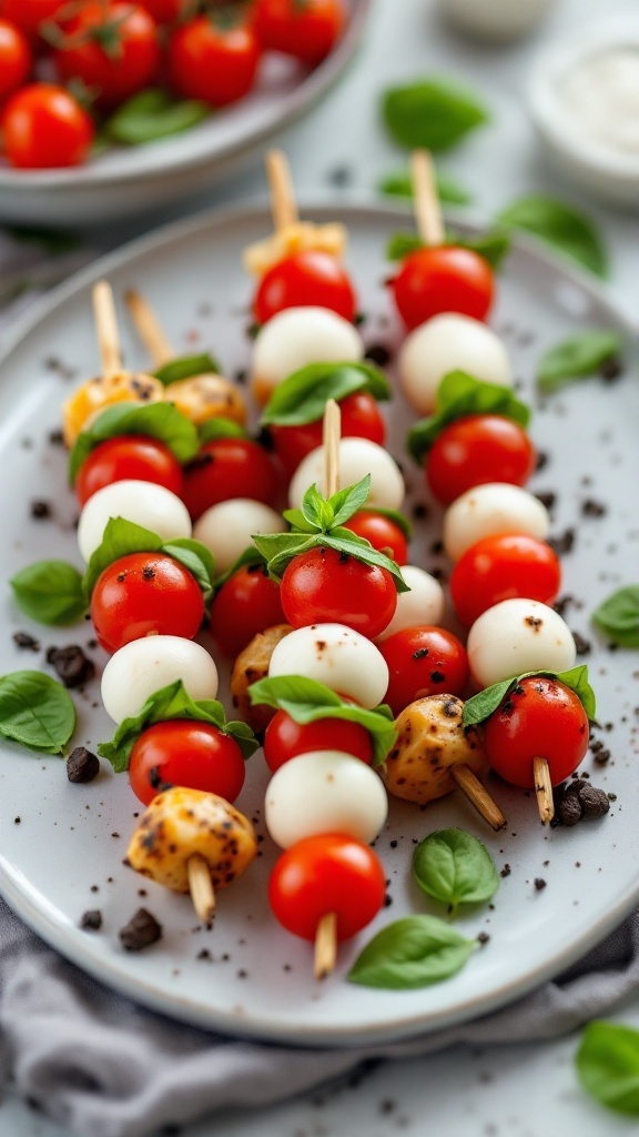 Mini Caprese skewers with cherry tomatoes, mozzarella, and basil on skewers