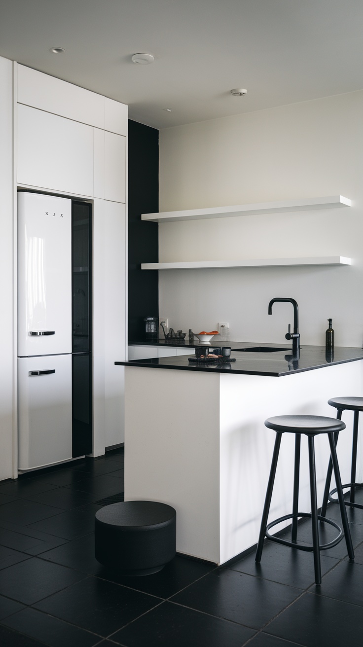 A modern kitchen with minimalistic design elements, featuring a black and white color scheme, flat panel cabinetry, open shelving, and simple seating.