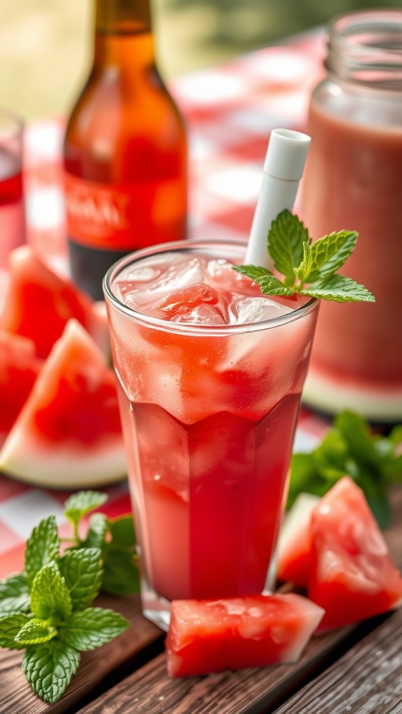 A refreshing Minty Watermelon Slush cocktail garnished with mint leaves and ice.