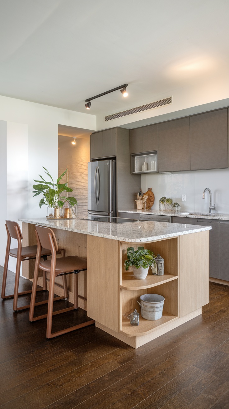 A modern kitchen featuring a multifunctional island, open shelving, and plants for a welcoming atmosphere.