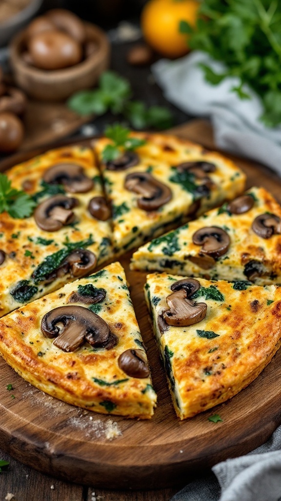 A sliced mushroom and spinach frittata on a wooden board, garnished with greens.