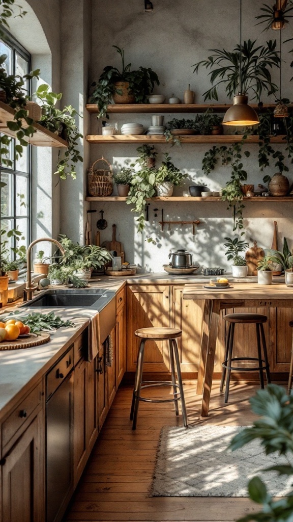 Cozy kitchen featuring plants and wooden decor