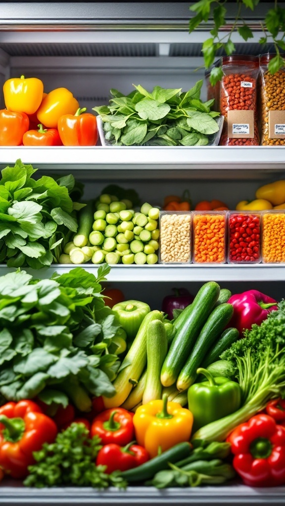 A fridge filled with a variety of fresh vegetables including bell peppers, spinach, and zucchini.