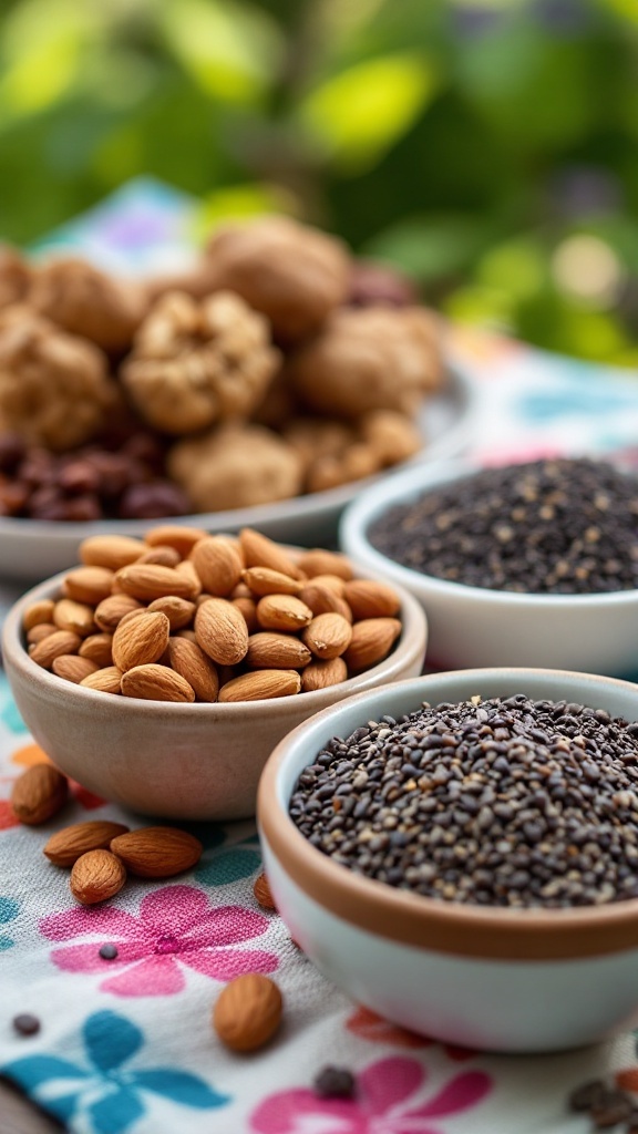 A variety of nuts and seeds in bowls, including almonds, walnuts, chia seeds, and flaxseeds, displayed on a colorful cloth.
