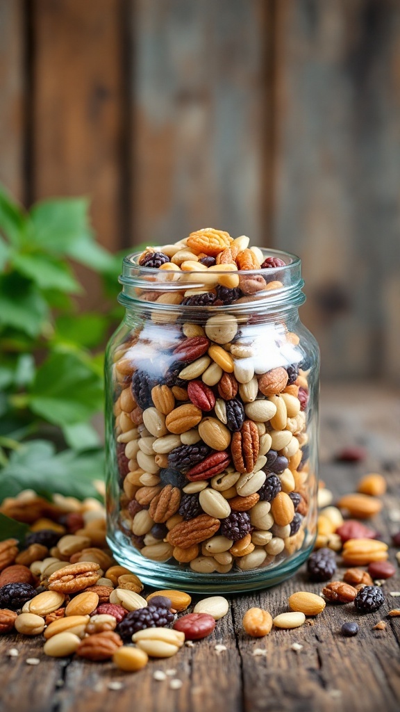 A colorful assortment of nuts and seeds in a glass jar