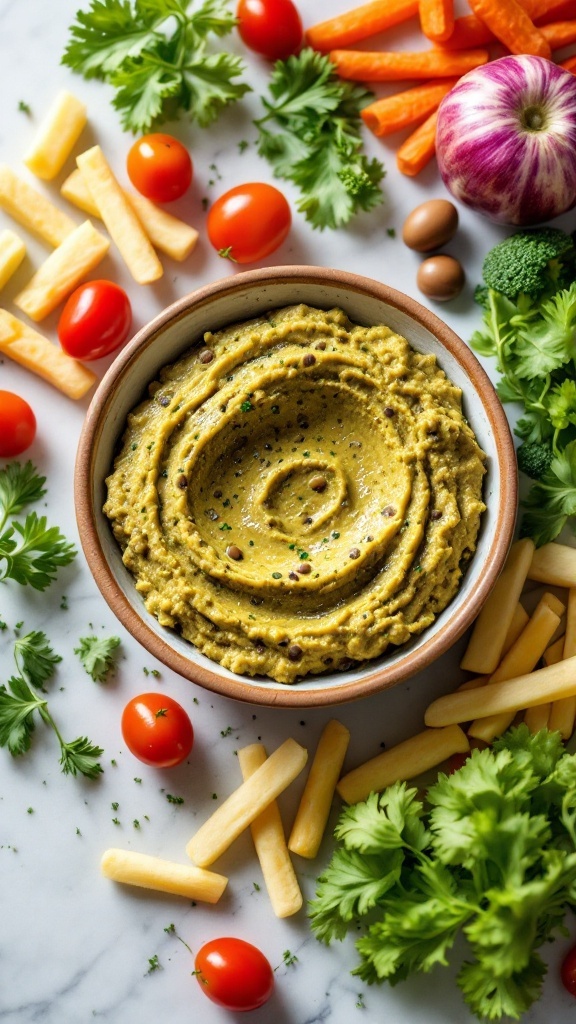 Olive tapenade served with assorted vegetable sticks