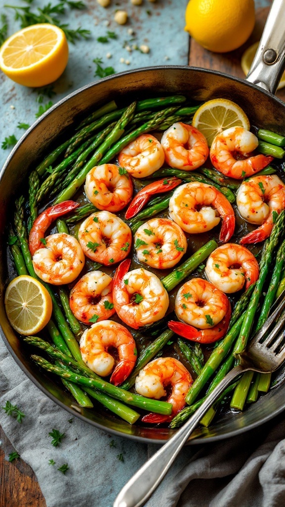 A colorful dish featuring shrimp and asparagus in a skillet, garnished with lemon slices and parsley.