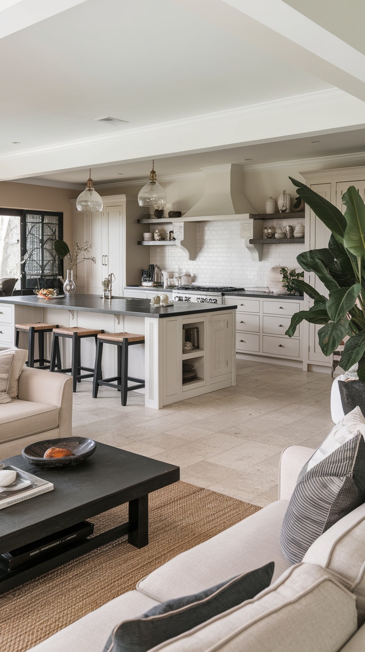 Modern kitchen with open concept layout featuring an island, natural light, and plants.