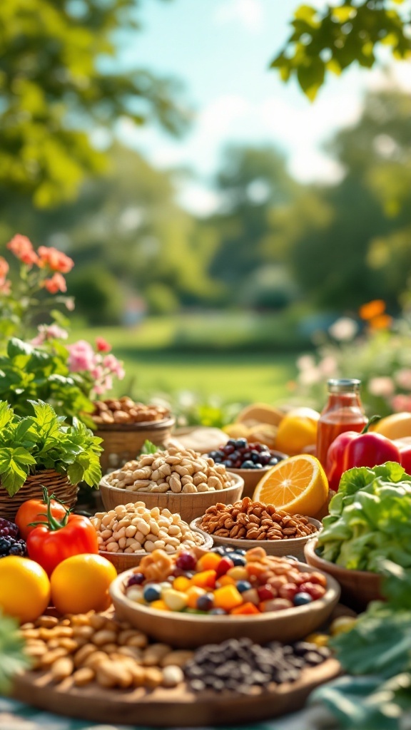 A colorful spread of healthy snacks including fruits, nuts, and vegetables in a sunny outdoor setting.
