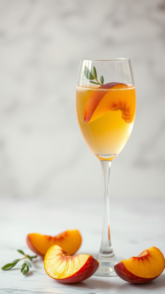 A refreshing Peach Bellini cocktail garnished with a peach slice.