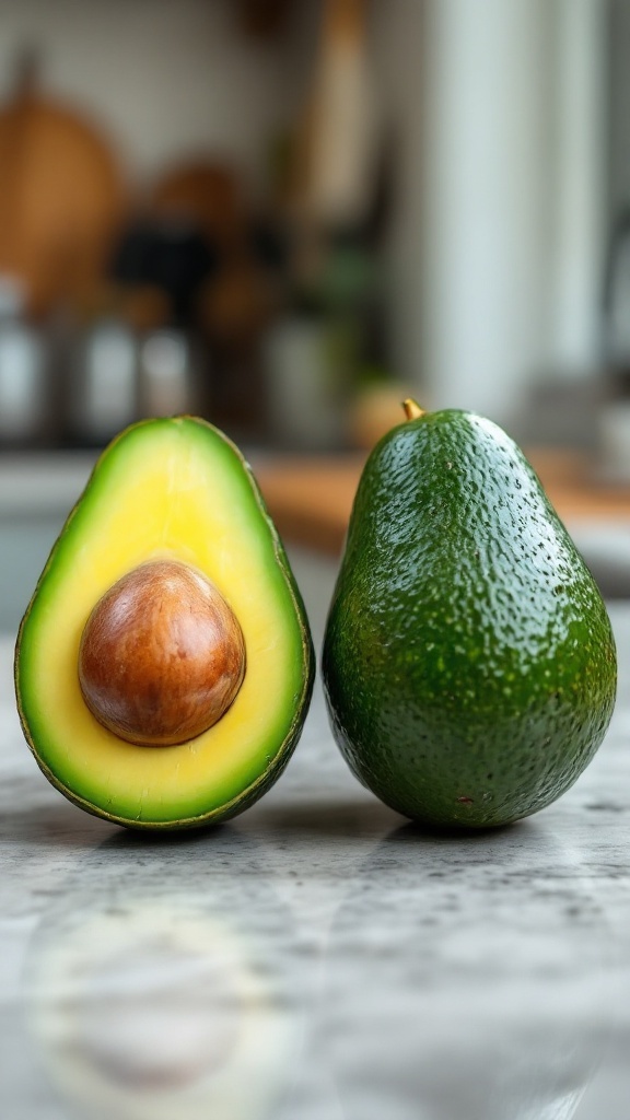 A cut avocado beside a whole avocado on a kitchen counter.