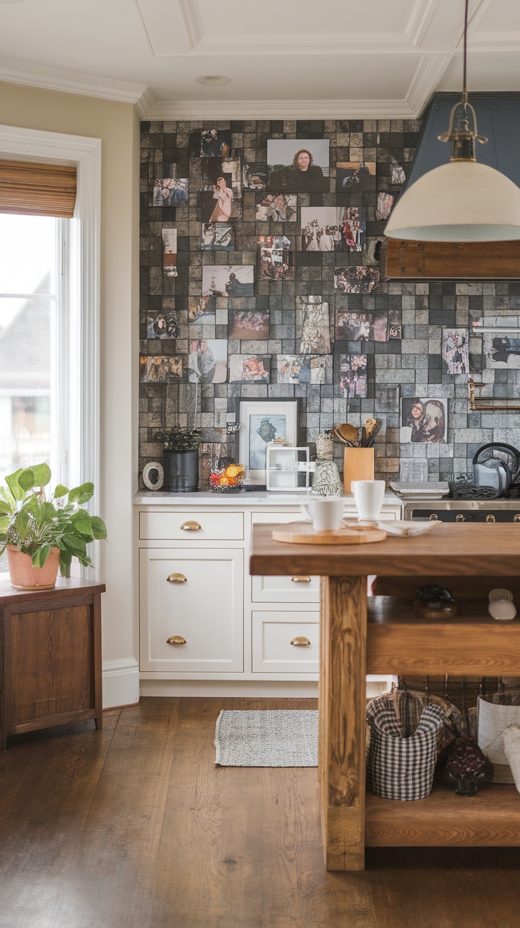 A modern kitchen featuring a photo wall, warm wood cabinetry, and houseplants, showcasing personalized touches.