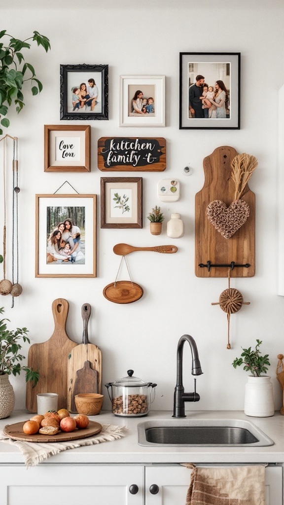 A cozy kitchen wall adorned with family photos and personalized decor, enhancing the warm atmosphere.