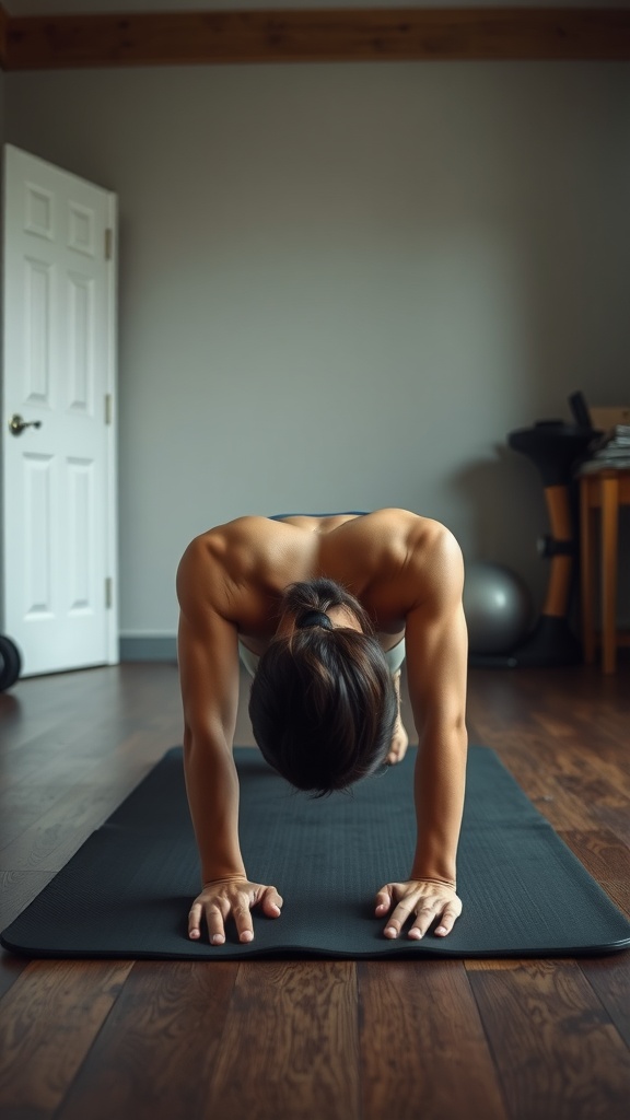 A person performing a plank exercise on a yoga mat at home