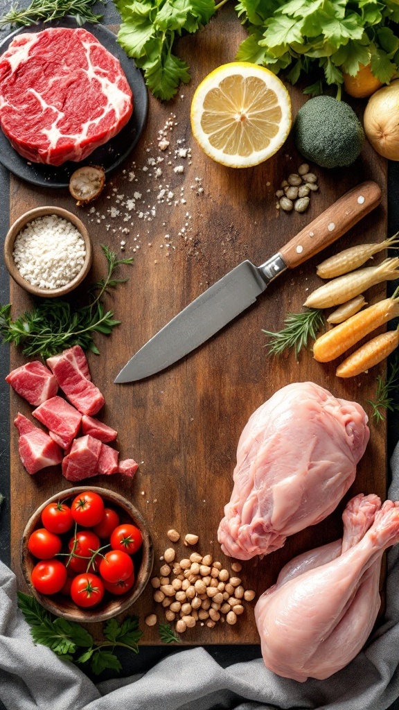 A variety of meats and vegetables arranged on a wooden cutting board, showcasing protein sources for a keto diet.
