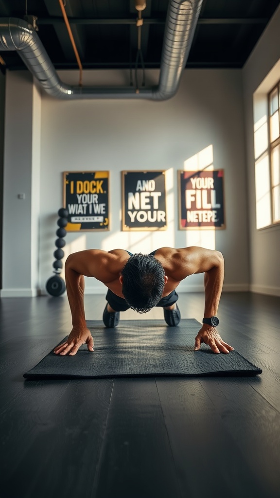 A person doing push-ups on a mat in an indoor gym setting.