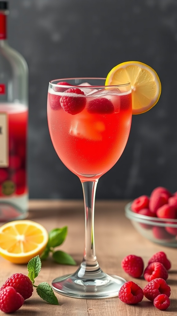 A refreshing Raspberry Vodka Fizz cocktail in a glass, garnished with fresh raspberries and a lemon slice.