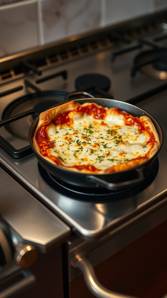 A delicious pizza being reheated on a stovetop skillet.