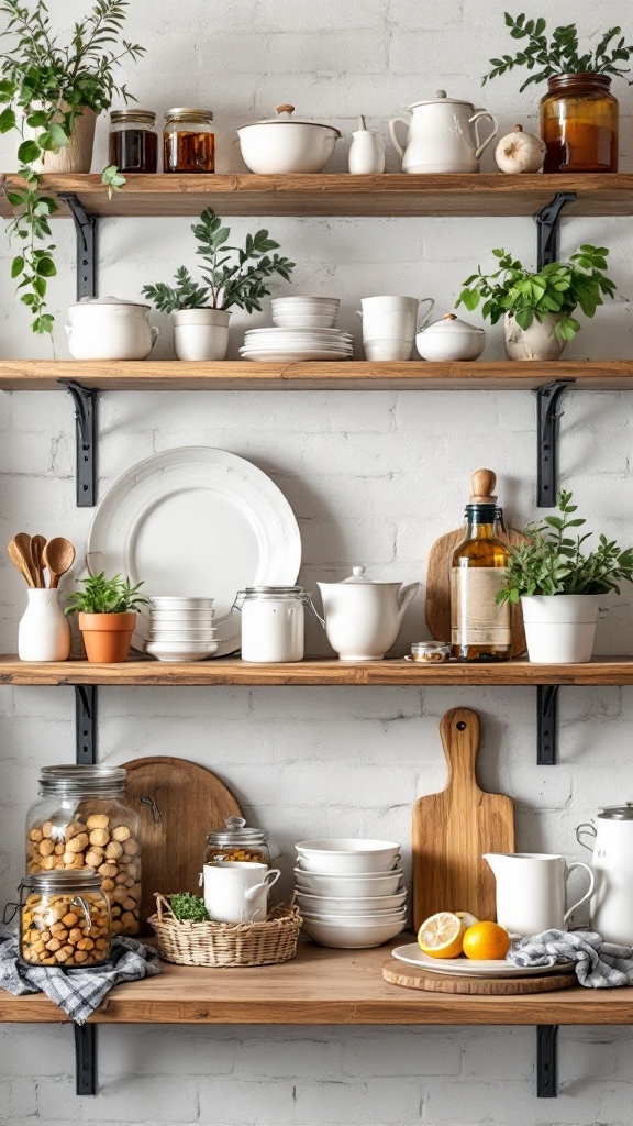 A rustic kitchen shelving unit with dishes, jars, and greenery.