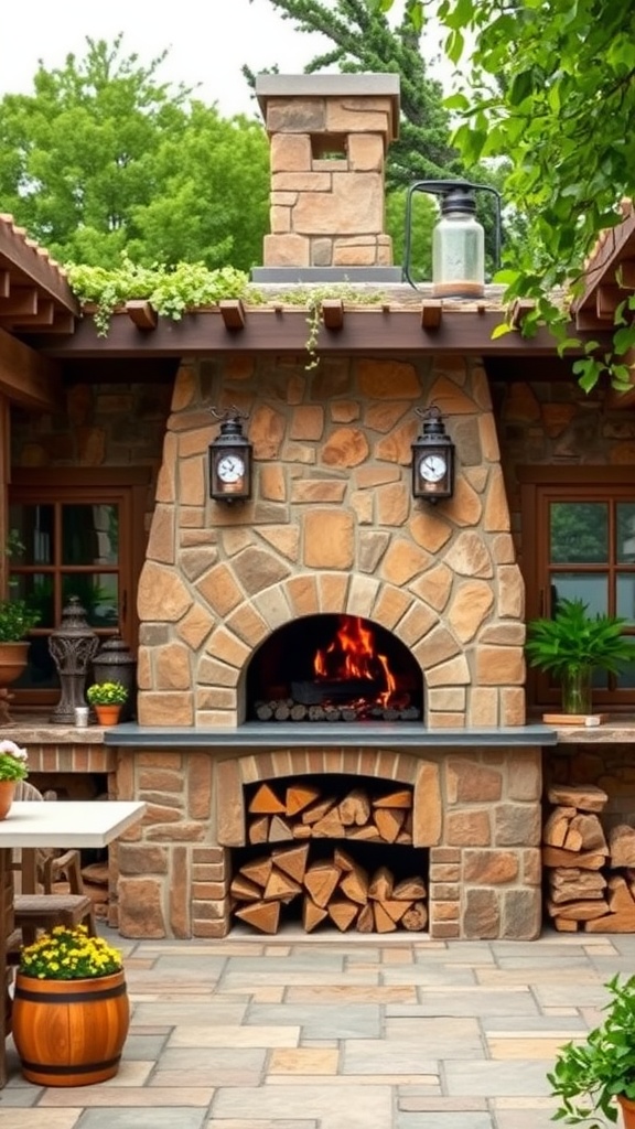 A rustic outdoor kitchen featuring a wood-fired oven made of stone, surrounded by greenery and decorative elements.