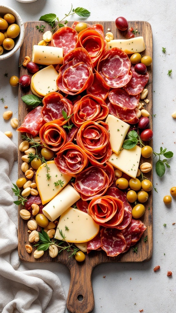 Salami and cheese roll-ups arranged on a wooden platter with herbs and olives.