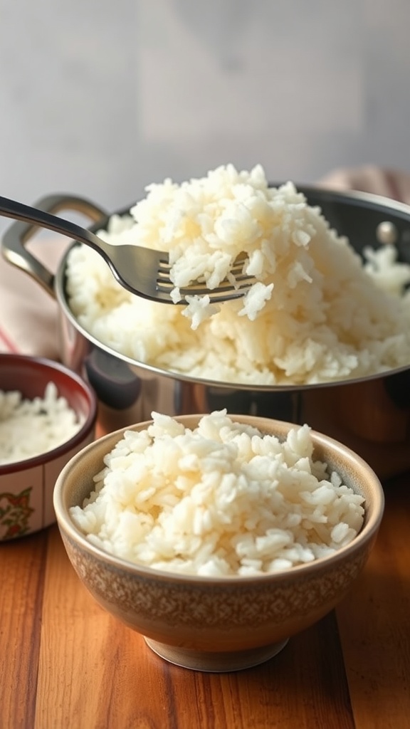 A bowl of fluffy white rice with a fork and pot in the background.