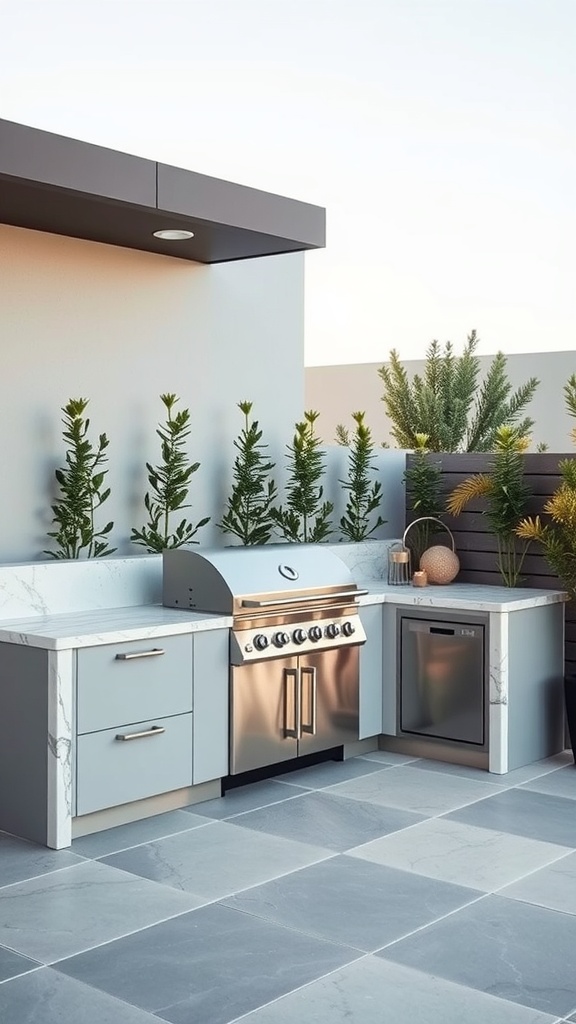 A modern outdoor grill station featuring a stainless steel grill, sleek cabinetry, and surrounding greenery.
