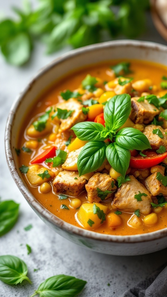 A bowl of coconut curry pork with fresh herbs on top