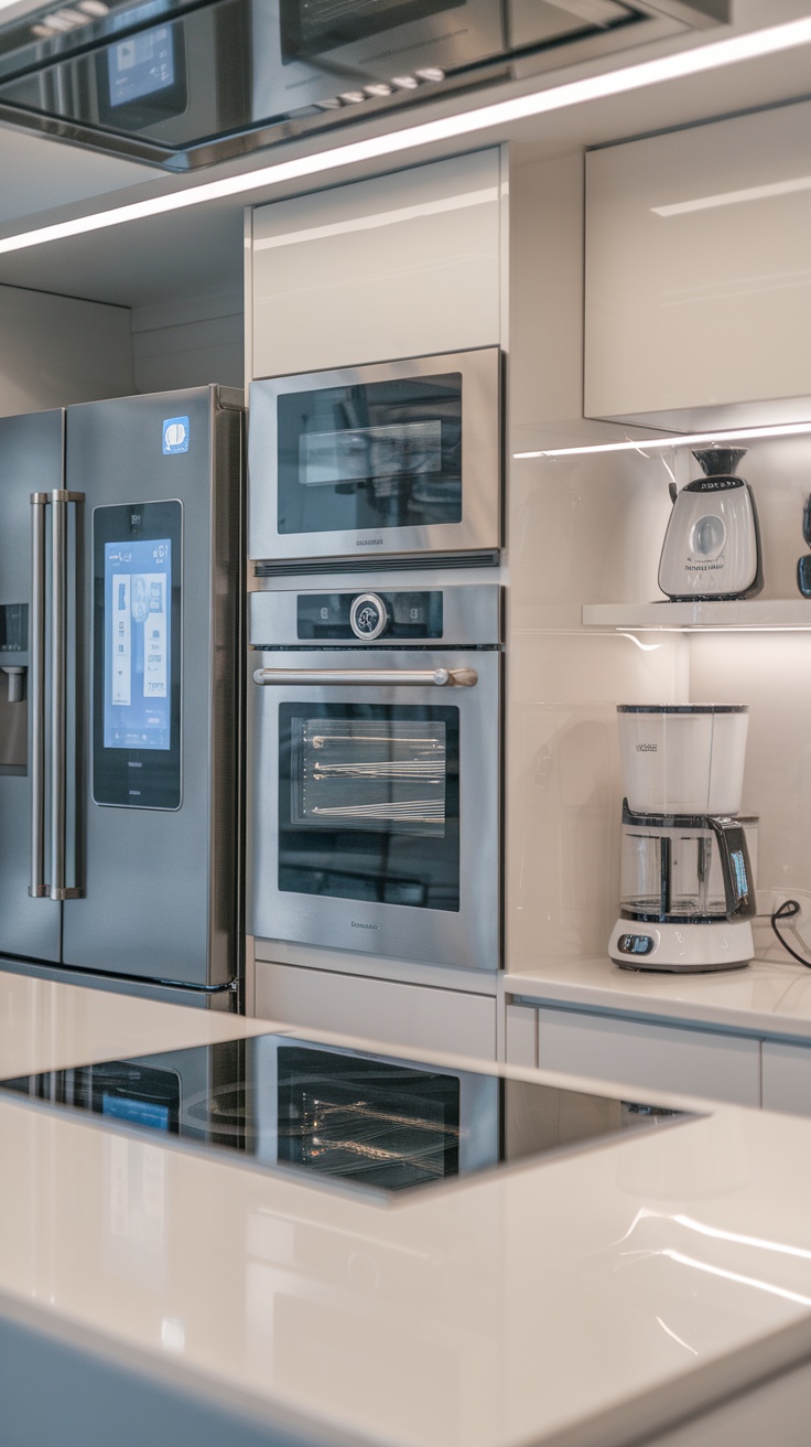Modern kitchen showcasing integrated smart appliances including a refrigerator, oven, and coffee maker.