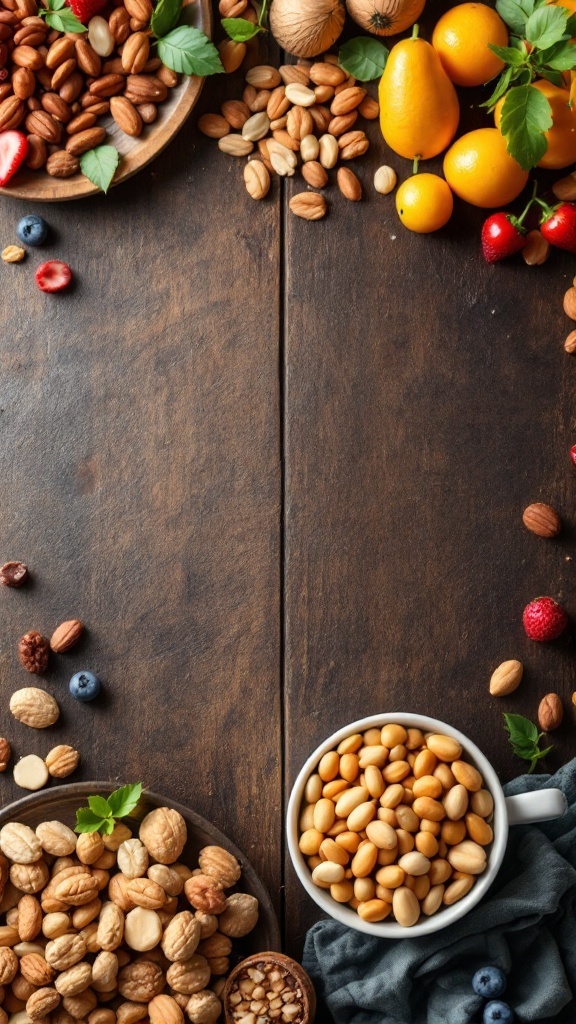 A variety of nuts and fresh fruits arranged on a wooden table.