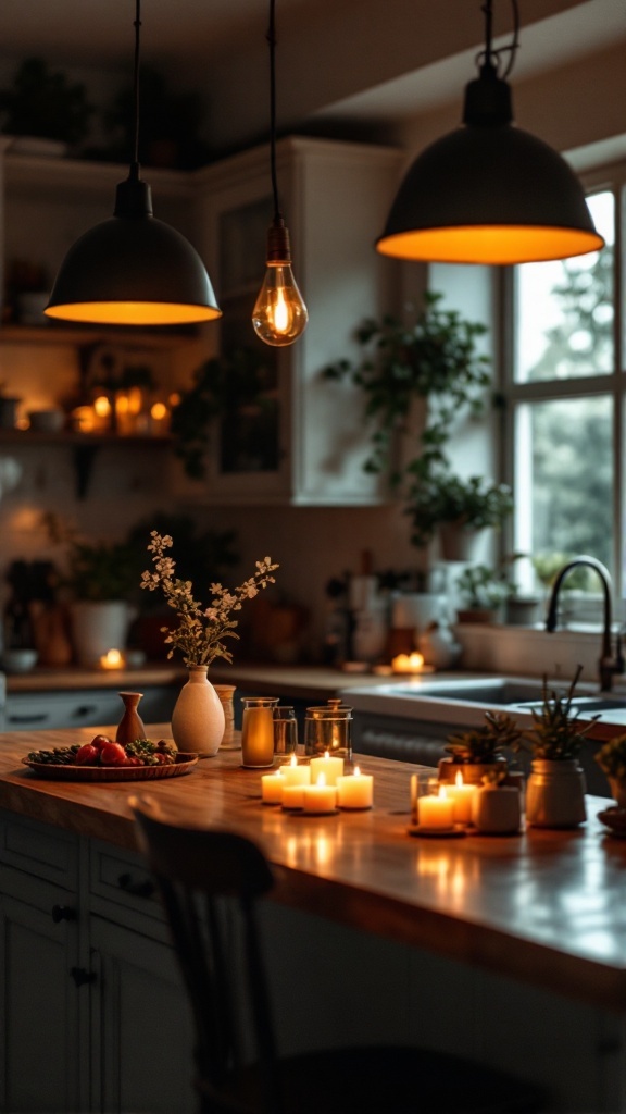 A cozy kitchen with pendant lights and glowing candles on a wooden table.