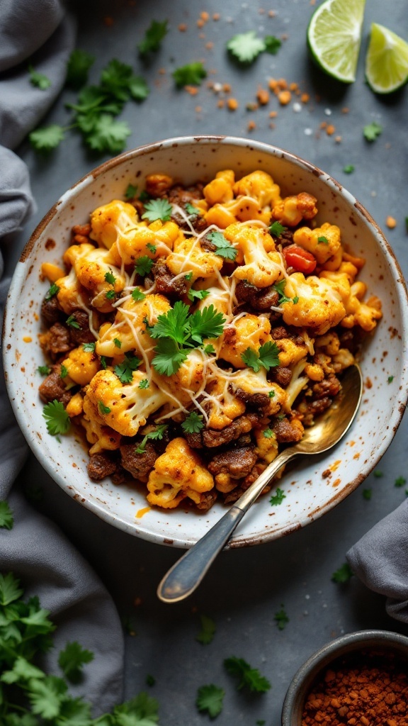 A delicious Southwestern Beef and Cauliflower Casserole topped with cheese and fresh cilantro.