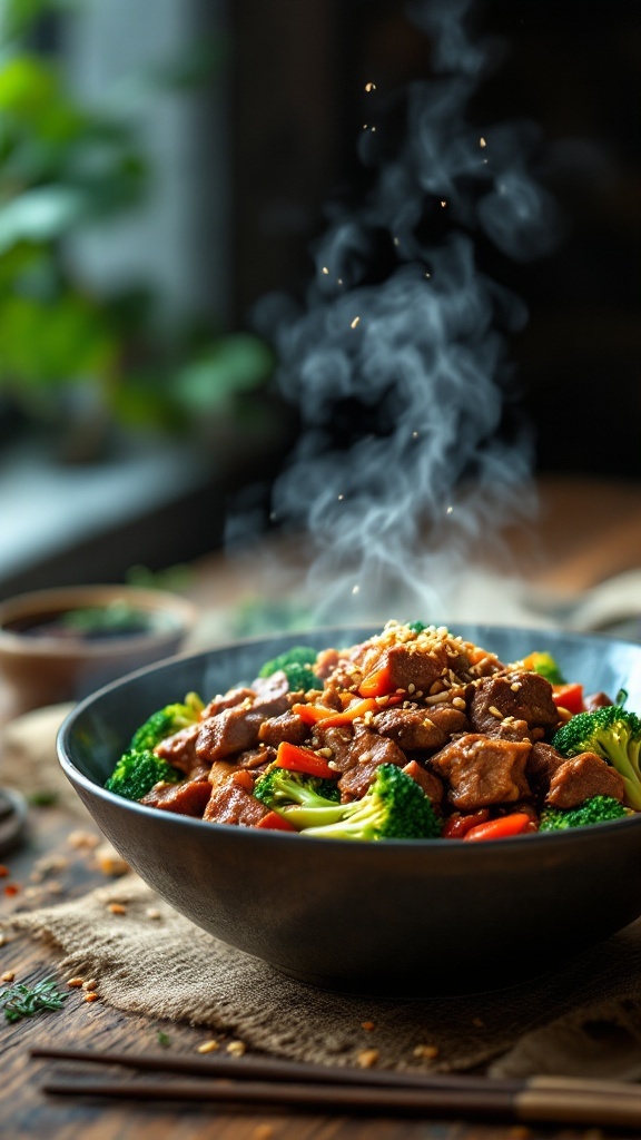 A steaming bowl of spicy beef and broccoli stir-fry with sesame seeds on top.