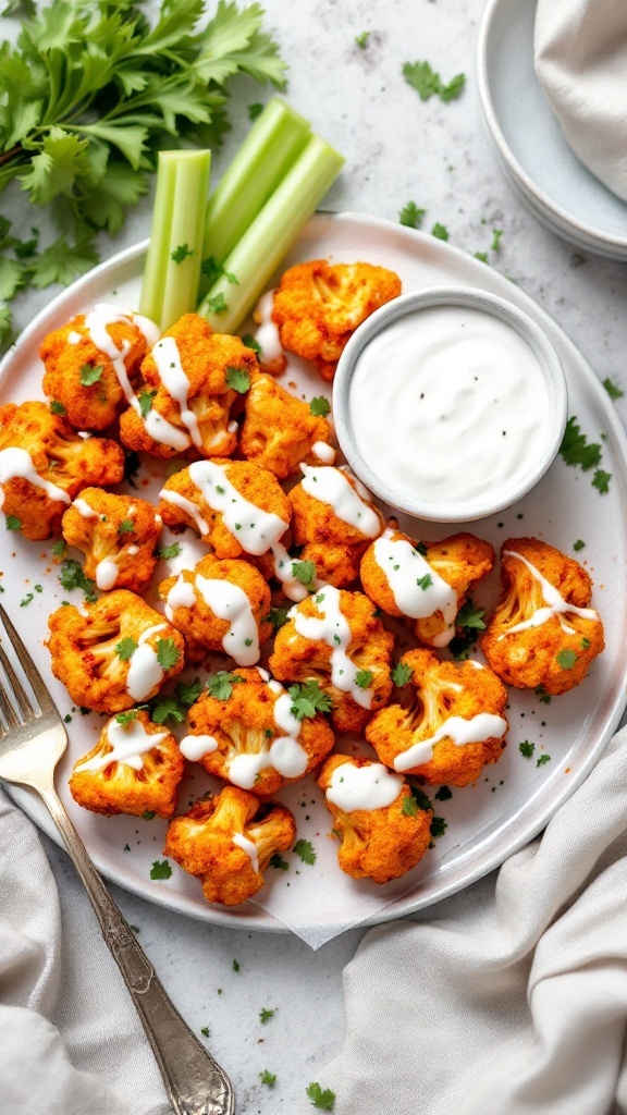 A plate of spicy buffalo cauliflower garnished with parsley and served with ranch dressing