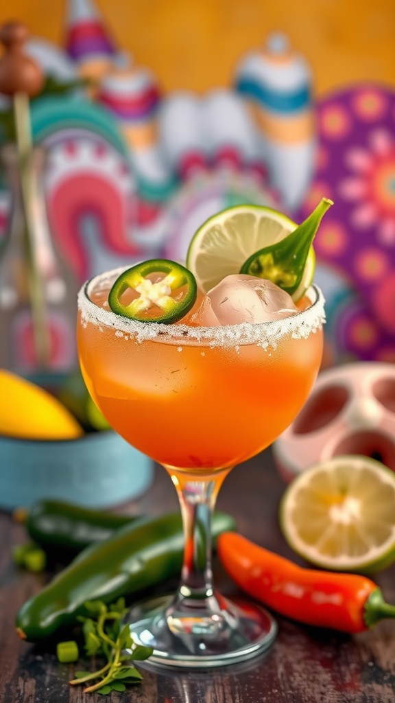 A refreshing Spicy Margarita garnished with jalapeño and lime.