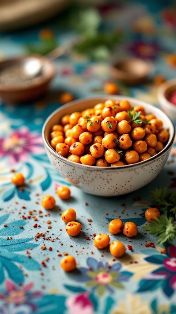 Bowl of spicy roasted chickpeas with vibrant colors