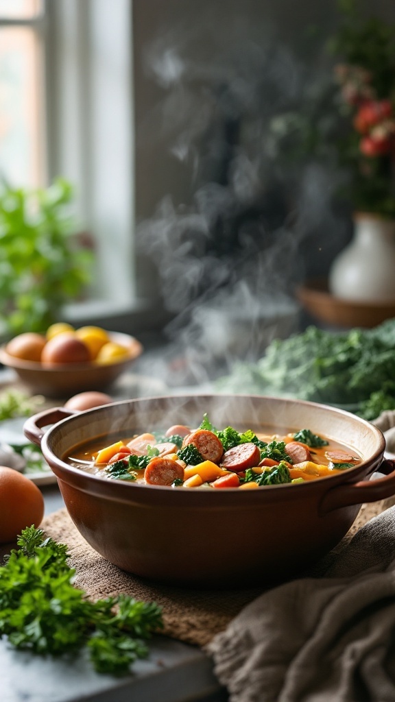 A steaming bowl of spicy sausage and kale soup on a table with ingredients in the background.