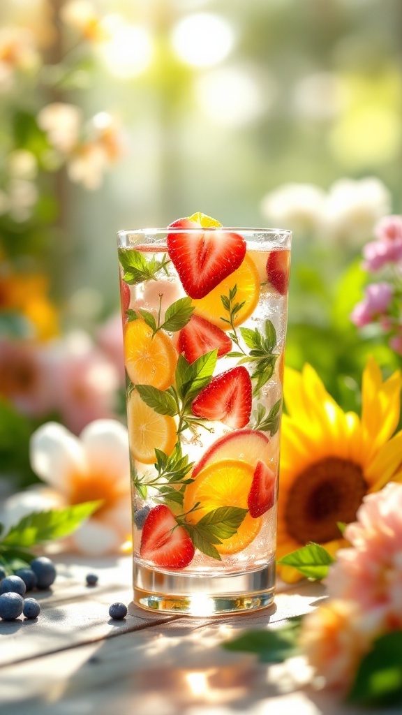 A refreshing glass of infused water with strawberries, lemons, and mint, surrounded by colorful flowers.