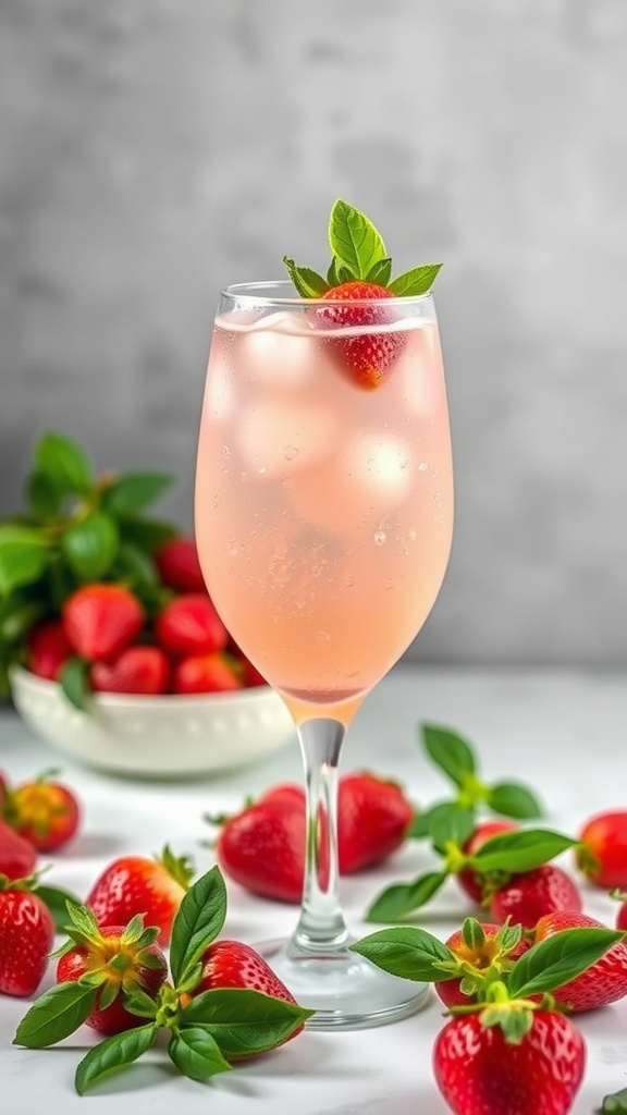 A refreshing Strawberry Basil Spritzer cocktail with strawberries and leaves.