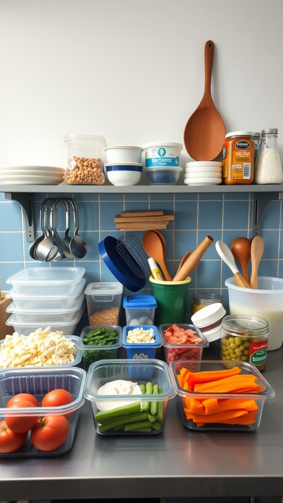 A well-organized kitchen countertop with containers of chopped vegetables and meal prep ingredients.