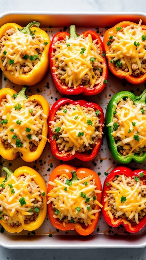 Colorful stuffed bell peppers filled with ground turkey and topped with cheese.